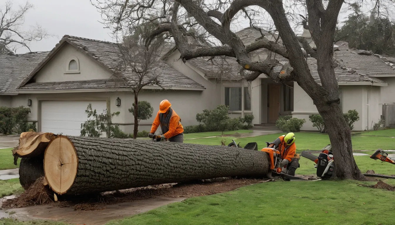 Provider crew clearing a storm-fallen tree from a home's front yard in San Bernardino