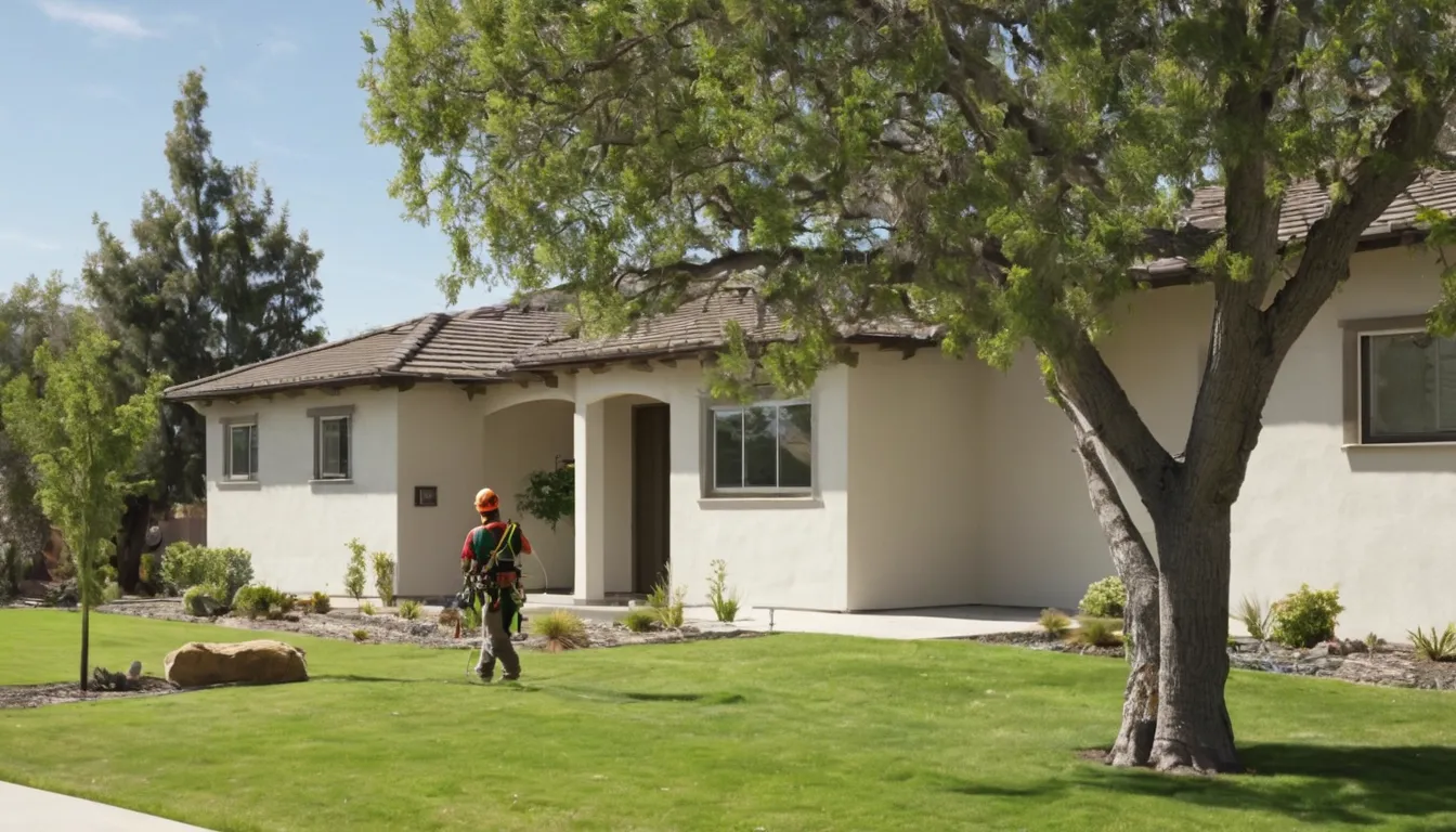 Tree removal provider lowering a large tree section beside a stucco home in San Bernardino